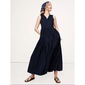 New Banana Republic Dress Large Cotton Poplin Wrap Tiered Maxi Dress Navy Blue